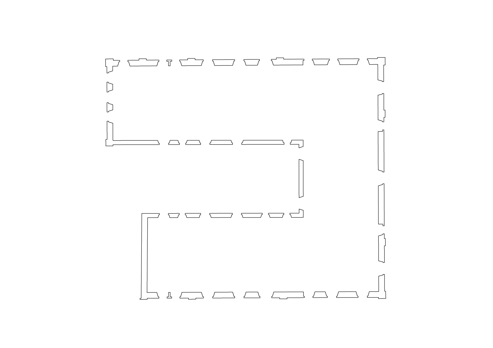 Embracing the inherent cross axiality and symmetry within the neighborhood and the building, the proposed upgrades are as follows:
1) Establishment of access points at all four elevations, strategically resolving altimetric disparities between the adjacent pavement and the internal building elevations.
2) Introduction of a structural cross defined by four axes, meticulously organizing the building into a grid of three modules by three.
3) Characterization of the intervention through the identification of two distinct construction phases.
4) Organization of the program into two distinct zones, delineating spaces for permanence and complementary functions.