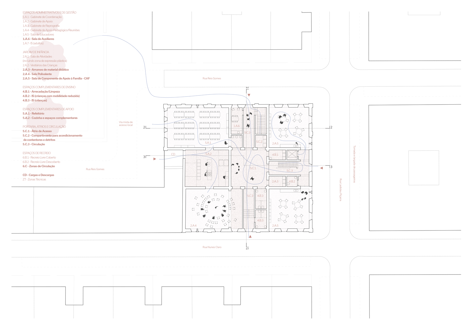 The four entrances dialogues with the neighborhood masterplan premisses, connecting the intervation in a higher scale. While also resolving height differences and ensuring functional coherence. At the core, is sheltered the complementary functions. At the corners, permanent spaces such as the Cafeteria, Multipurpose Room, CAF Rooms, and Activity Rooms are located. (Ground floor - drawings dated competition phase)